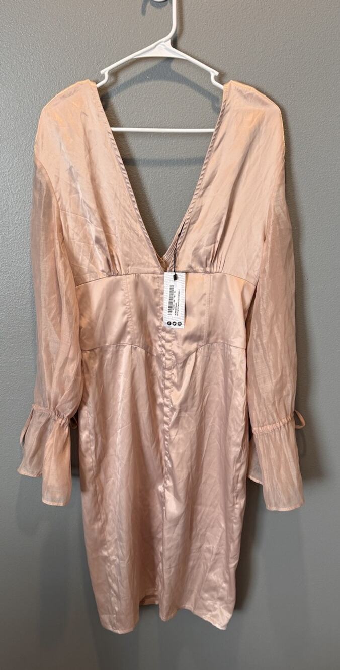 Boohoo Women's Satin Plunge Mesh Sleeve Midi Dress Champagne Size 8US/12UK NWT